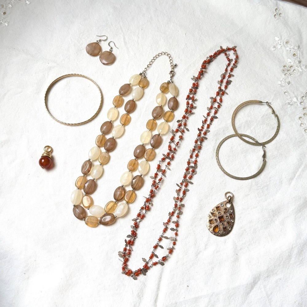 Vintage Jewelry Lot Boho Eclectic Amber Necklace Coral Seed Bead Leaf Gold Hoop